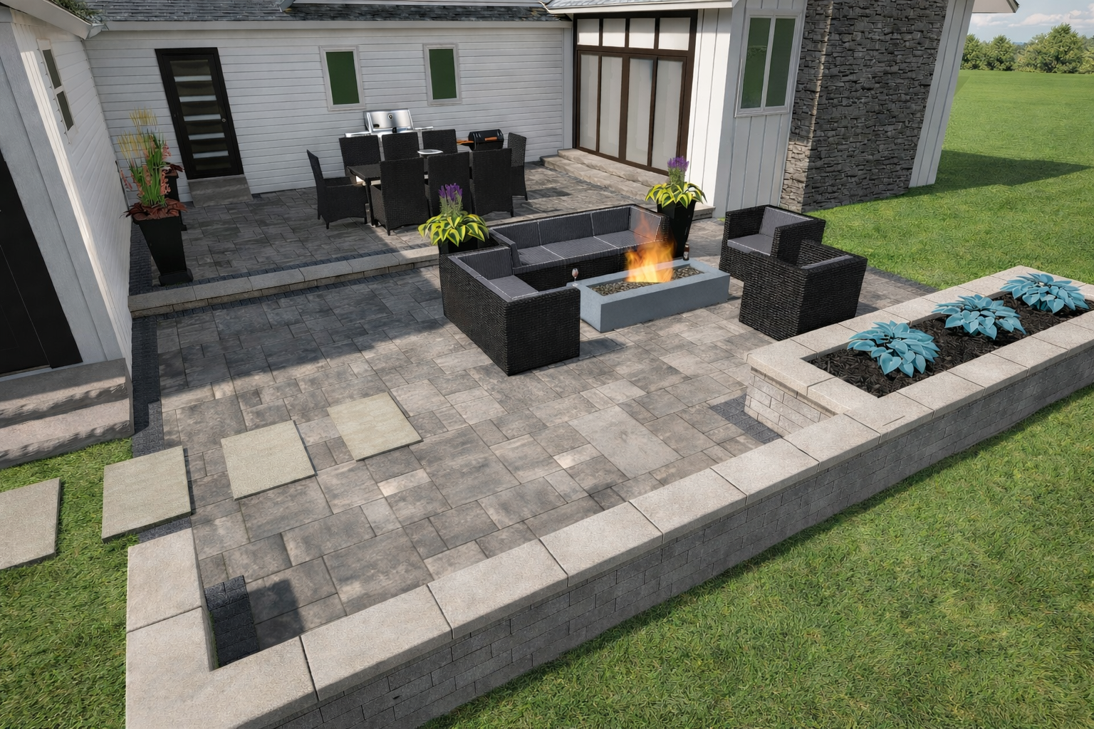 Paver Patio With Seatwalls And Plants Using Unilock 3d Software